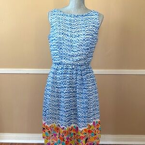 RONNI NICOLE 💙BLUE💙 PATTERNED COLOFUL HEM LINED DRESS SIZE 10 🌟EUC🌟
